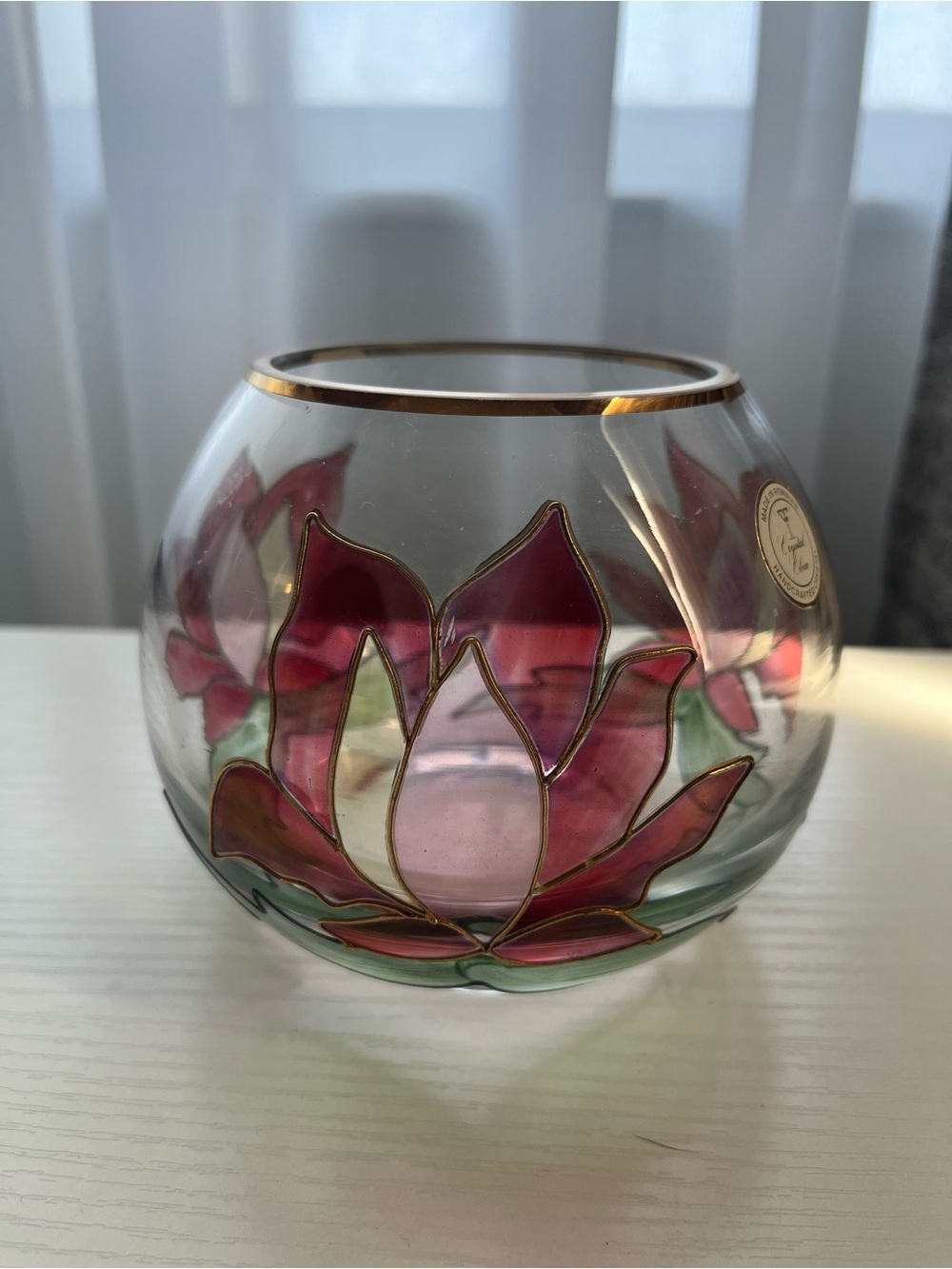 Vintage Crystal Clear Romanian Handcrafted Crystal Lotus Rose Bowl Vase Gold